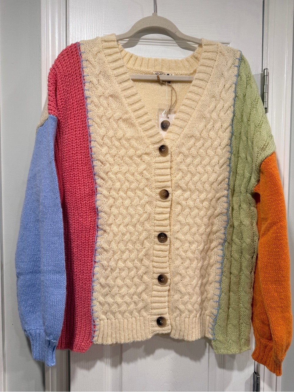 NWT Very In Size M Cable Knit Colorblock Button Front Patchwork Cardigan Sweater